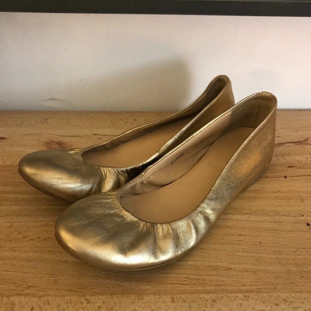 J Crew Gold Ballet Flats Size 6.5 Genuine Leather Made In Italy